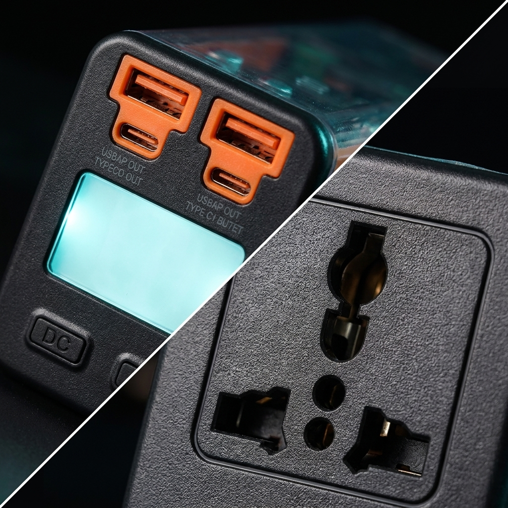 Cận cảnh cổng kết nối CasePower: AC outlet, hai cổng Type-C và USB-A