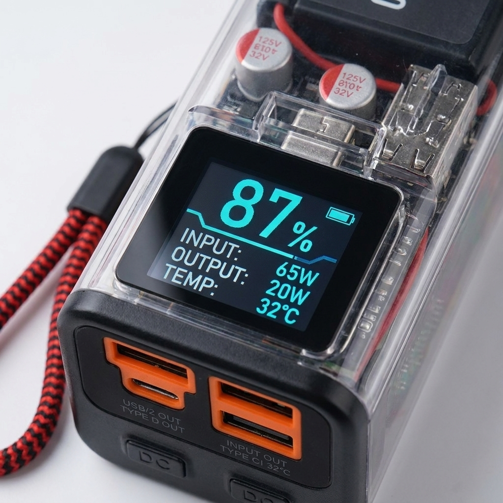 Màn hình LCD màu CasePower hiển thị % pin, công suất đầu vào/ra và nhiệt độ